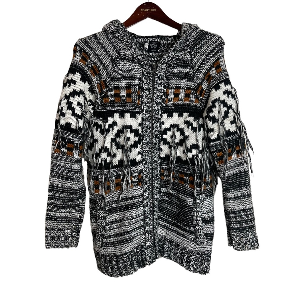 VOLCOM Women’s Gray Tribal Knit Cardigan Hoodie Size XS Aztec Boho Fringe Zip Up